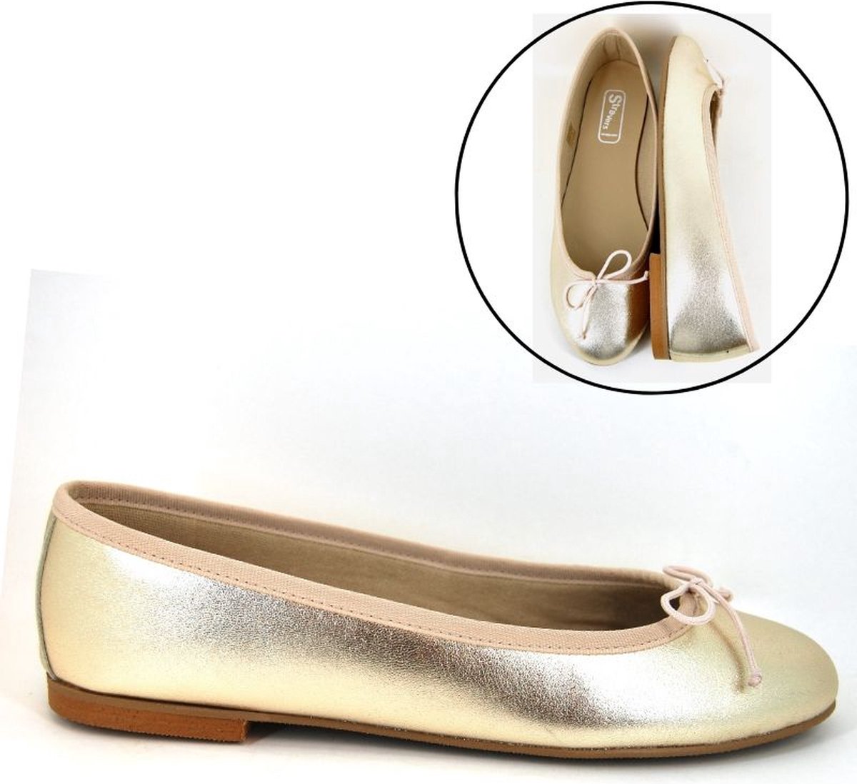 Stravers - Zachte Leren Ballerina Schoenen Maat 35 Dames Kleine Maten Champagne Goud Flatjes