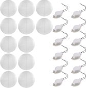 Setje van 12x stuks luxe witte bolvormige party lampionnen 35 cm met lantaarnlampjes - Feest decoraties/versiering