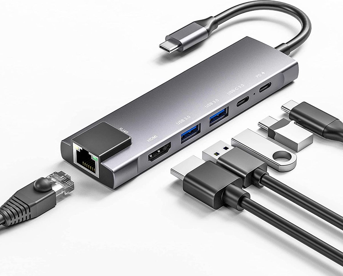 6-in-1 USB-C Pro HUB - HDMI (4K) - Ethernet RJ45 - 2x USB 3.0 A (ThunderBolt), 2x USB-C (100W) - Voor Macbook Air, Pro, HP, Surface Pro, XPS, PC, Flash Drive, Harddisk - USB-C HUB - USB HUB