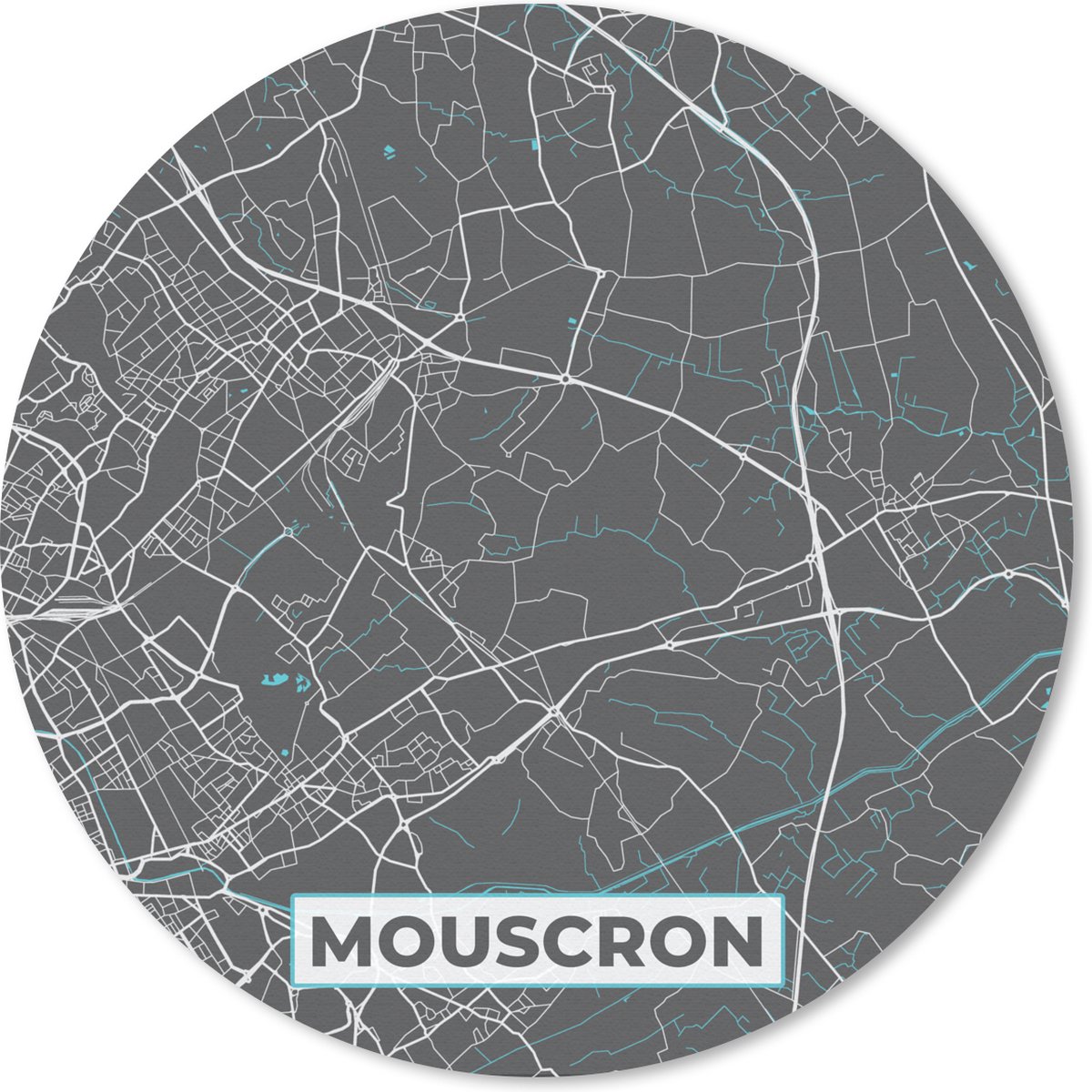 Muismat rond 50x50 cm - Mousepad Plattegrond – Mouscron – Blauw – Stadskaart - Kaart - België - Ronde muismatten - Stadskaart