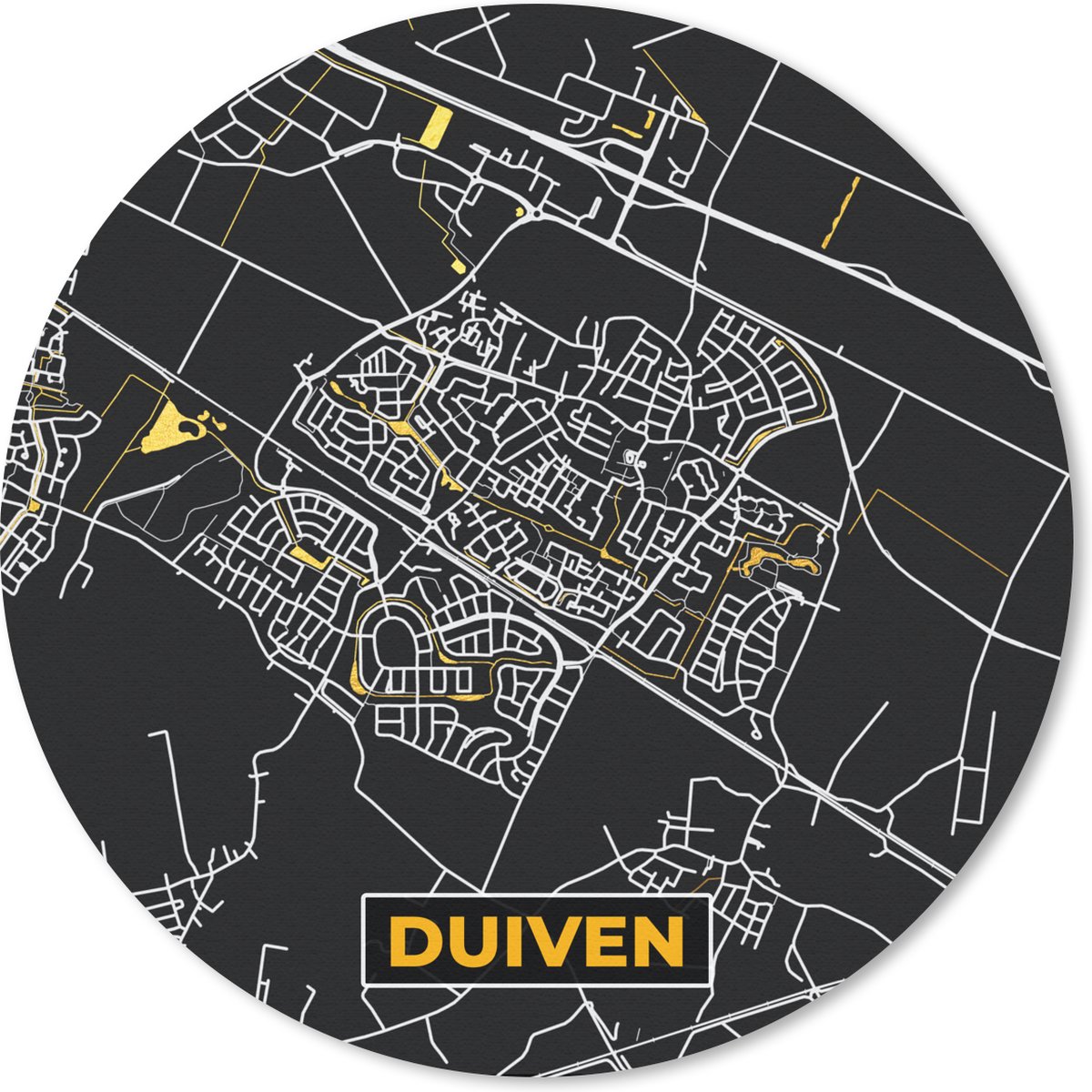 Muismat rond 30x30 cm - Mousepad Duiven - Black and Gold - Stadskaart - Plattegrond - Kaart - Ronde muismatten - Stadskaart