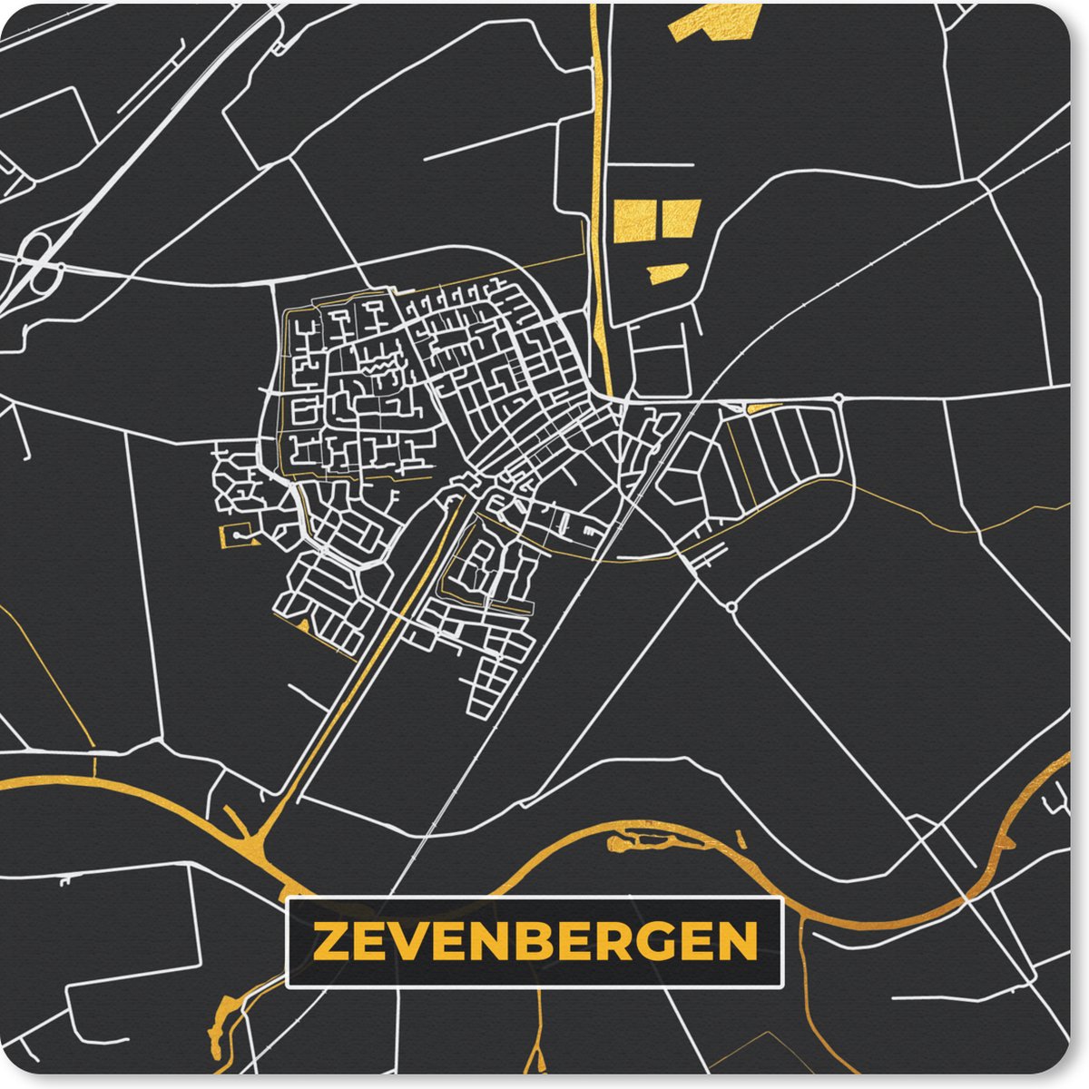 Muismat 30x30 cm - Mousepad Zevenbergen - Plattegrond - Kaart - Black & gold - Stadskaart - Muismatten - Stadskaart