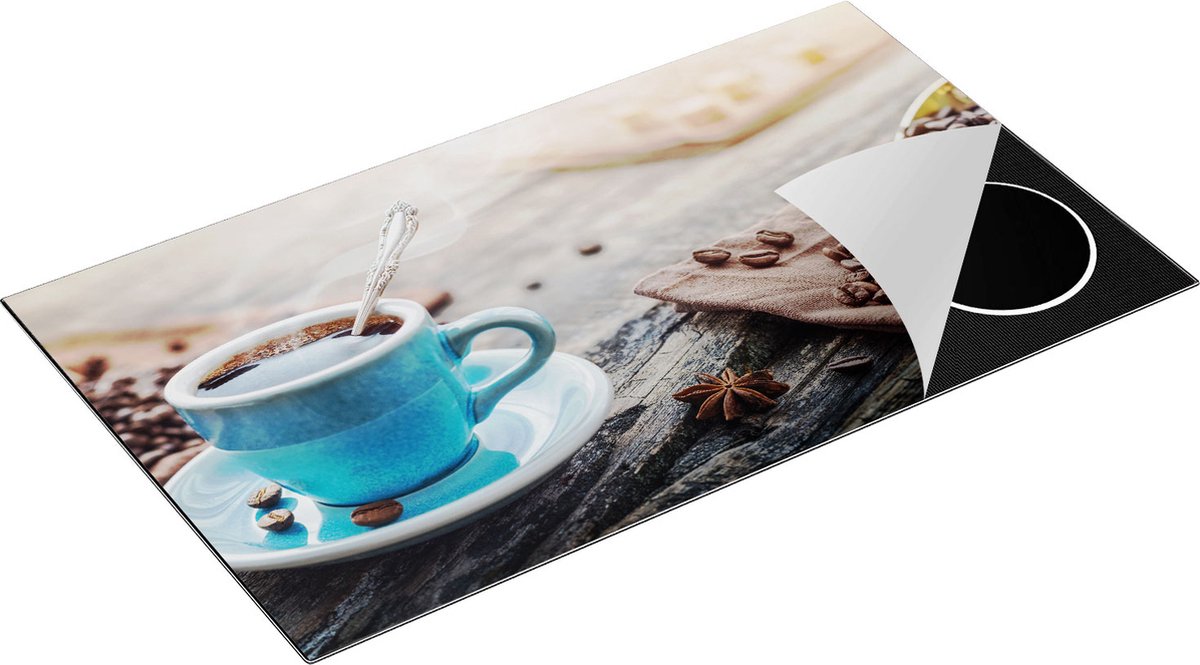 Chefcare Inductie Beschermer Blauw Kopje Koffie met Koffiebonen - 91,2x52 cm - Afdekplaat Inductie - Kookplaat Beschermer - Inductie Mat