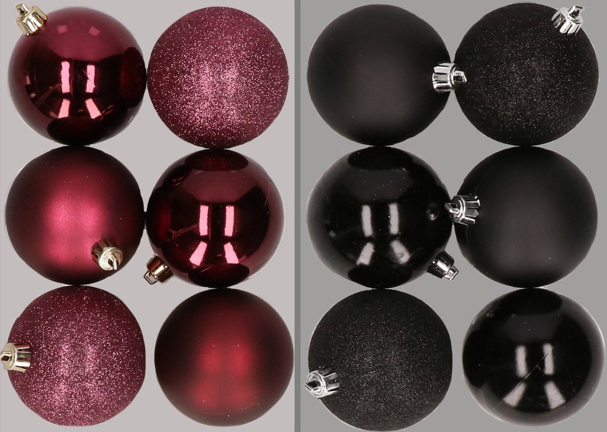 Kerstballen set van 12 stuks in aubergine en zwart, gemaakt van kunststof, 8 cm groot.