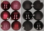 12x stuks kunststof kerstballen mix van aubergine en zwart 8 cm - Kerstversiering
