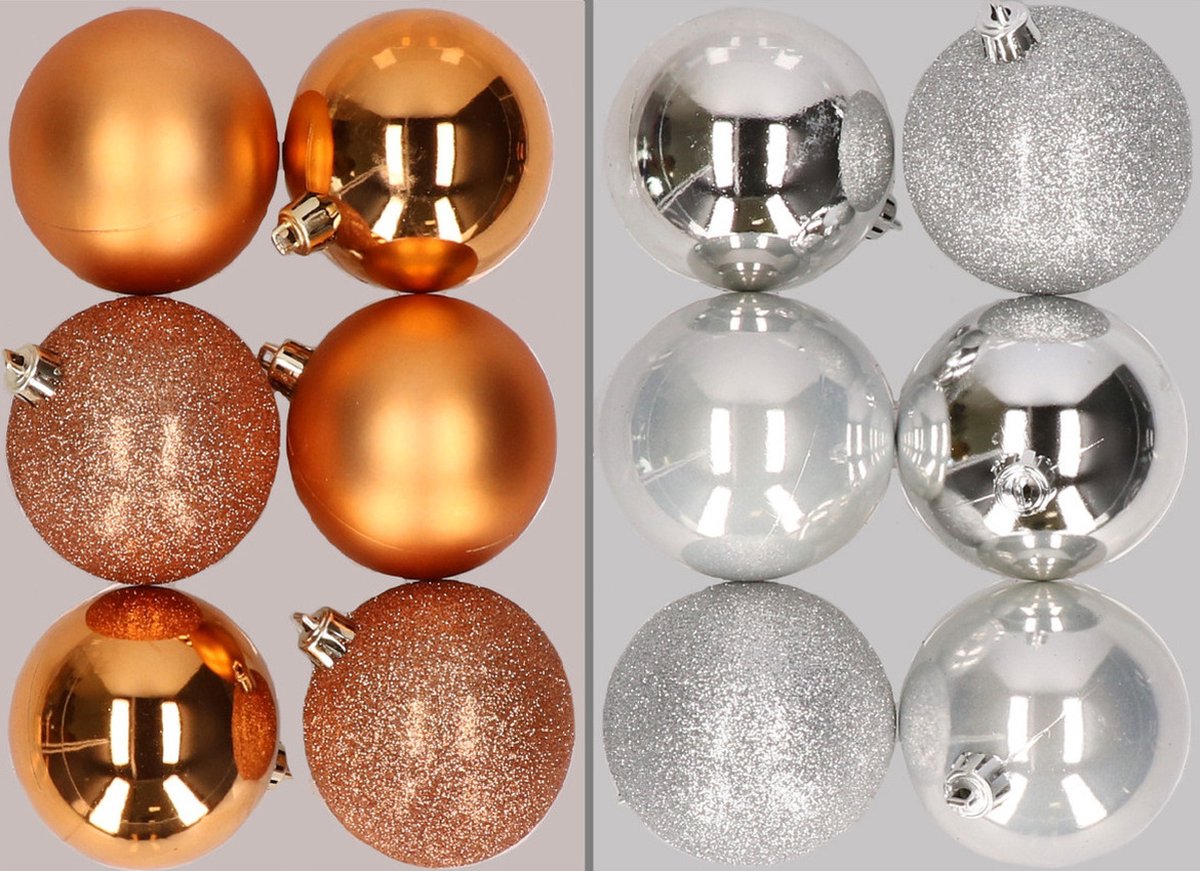 12x stuks kunststof kerstballen mix van koper en zilver 8 cm - Kerstversiering