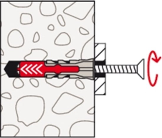 Illustratie van een Fischer DUOPOWER plug in een betonnen muur met een schroef.