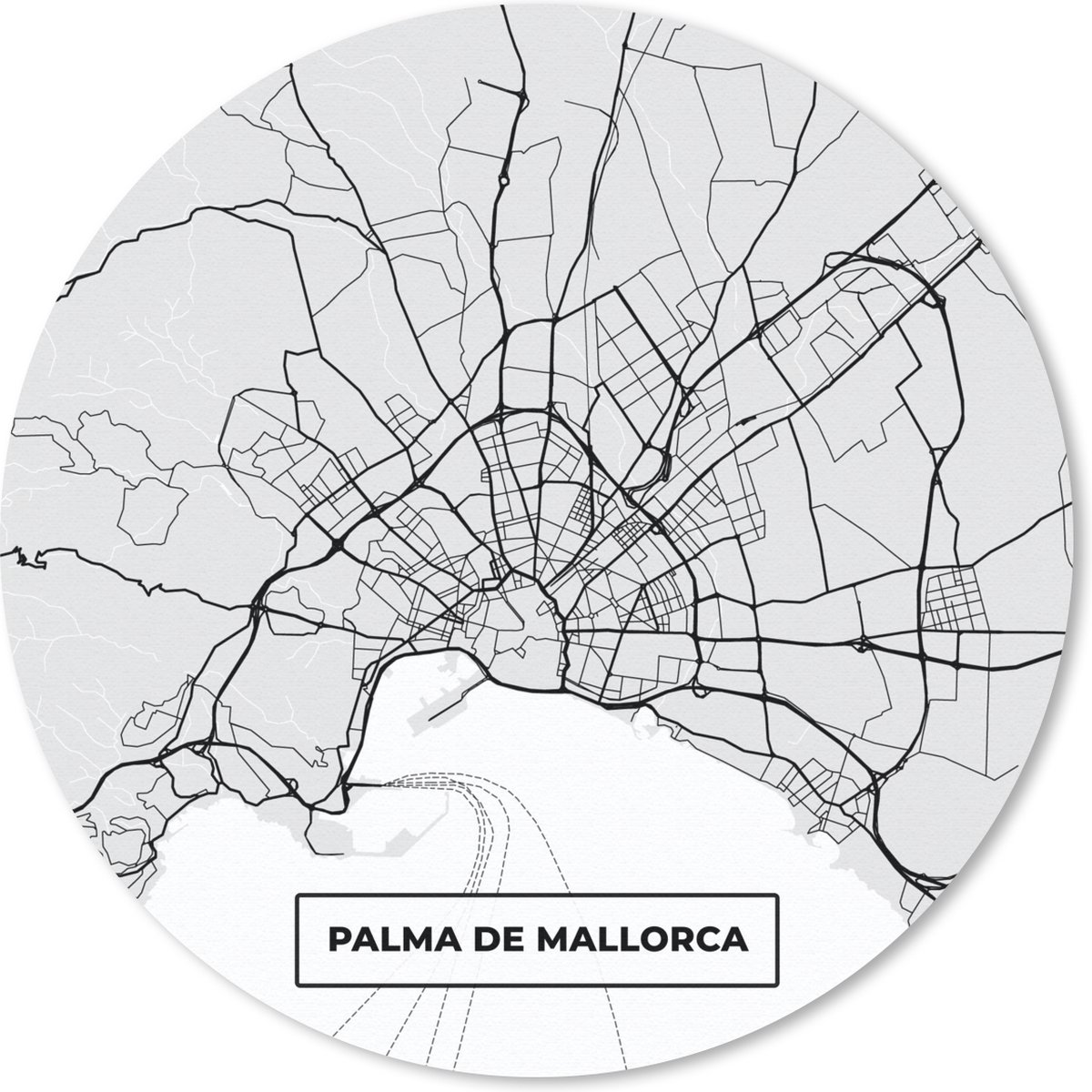 Muismat rond 30x30 cm - Mousepad Mallorca - Stadskaart - Zwart Wit - Plattegrond - Kaart - Ronde muismatten - Stadskaart