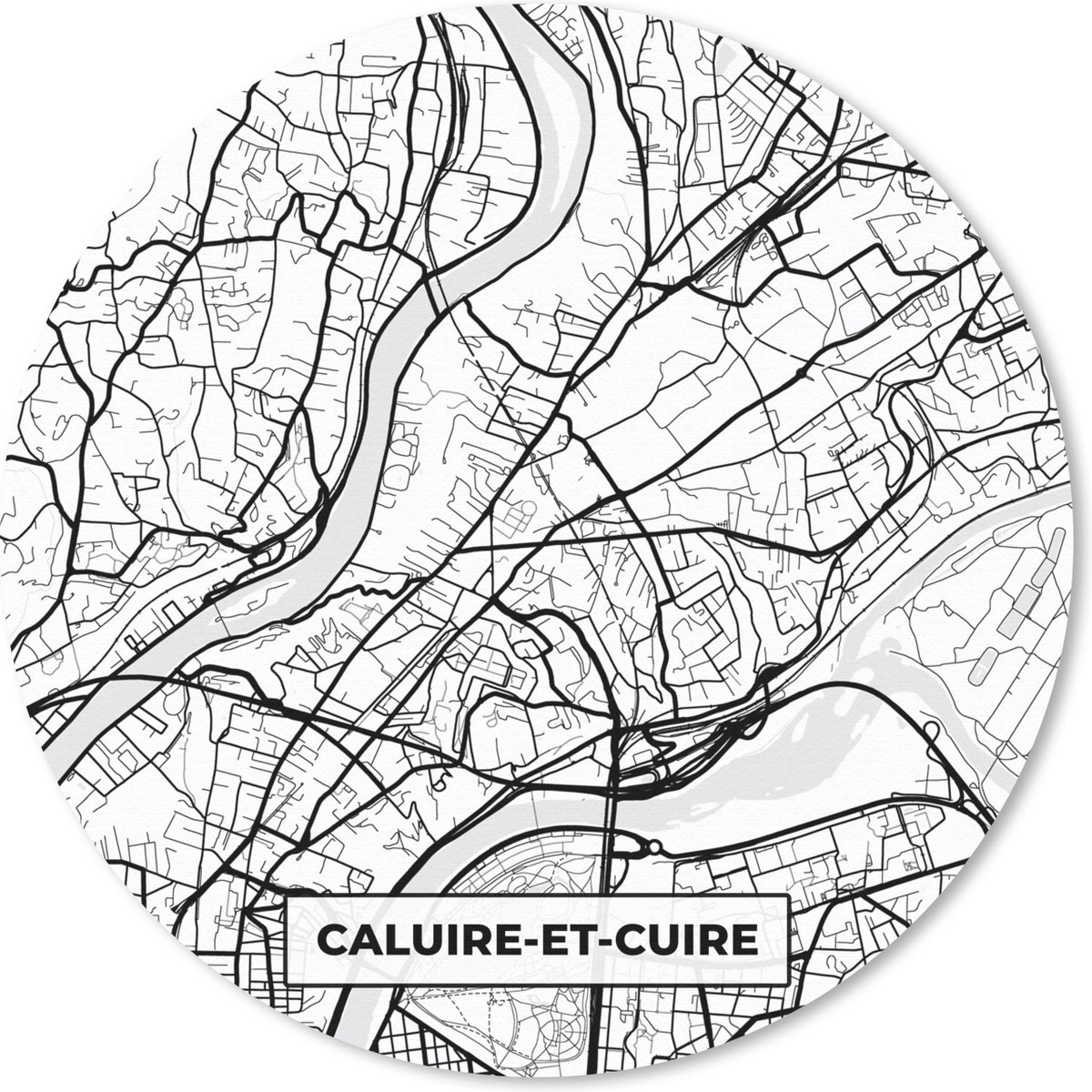 Muismat - Mousepad - Rond - Stadskaart - Plattegrond - Caluire-et-Cuire - Kaart - Frankrijk - Zwart wit - 50x50 cm - Ronde muismat