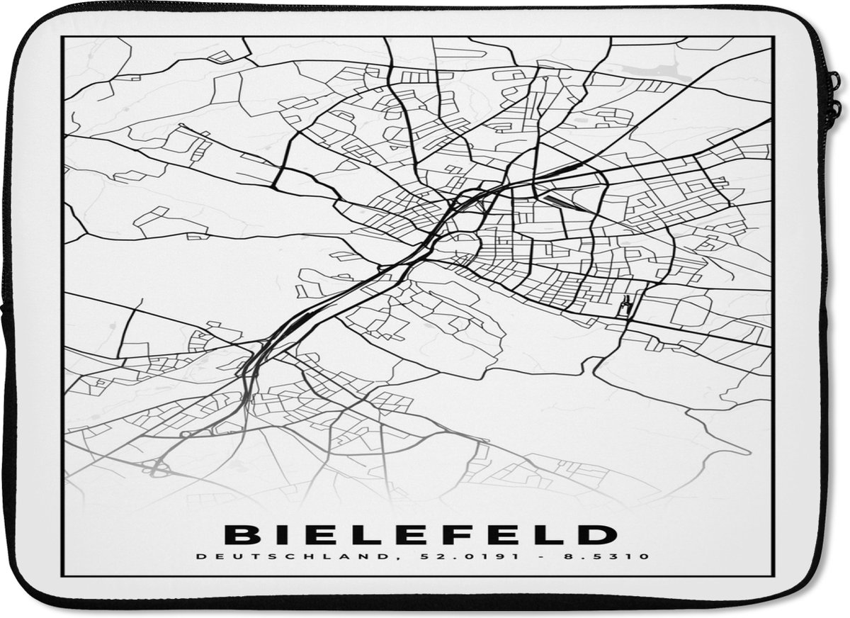 Laptophoes 14 inch - Plattegrond - Bielefeld - Kaart - Stadskaart - Laptop sleeve - Binnenmaat 33x23 cm - Zwarte achterkant - Stadskaart