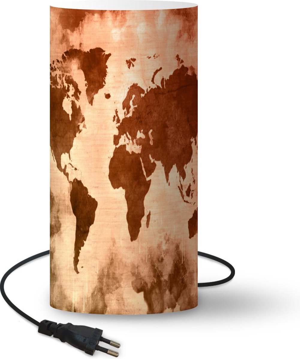 Lamp - Nachtlampje - Tafellamp slaapkamer - Wereldkaart - Rood - Bruin - 54 cm hoog - Ø24.8 cm - Inclusief LED lamp