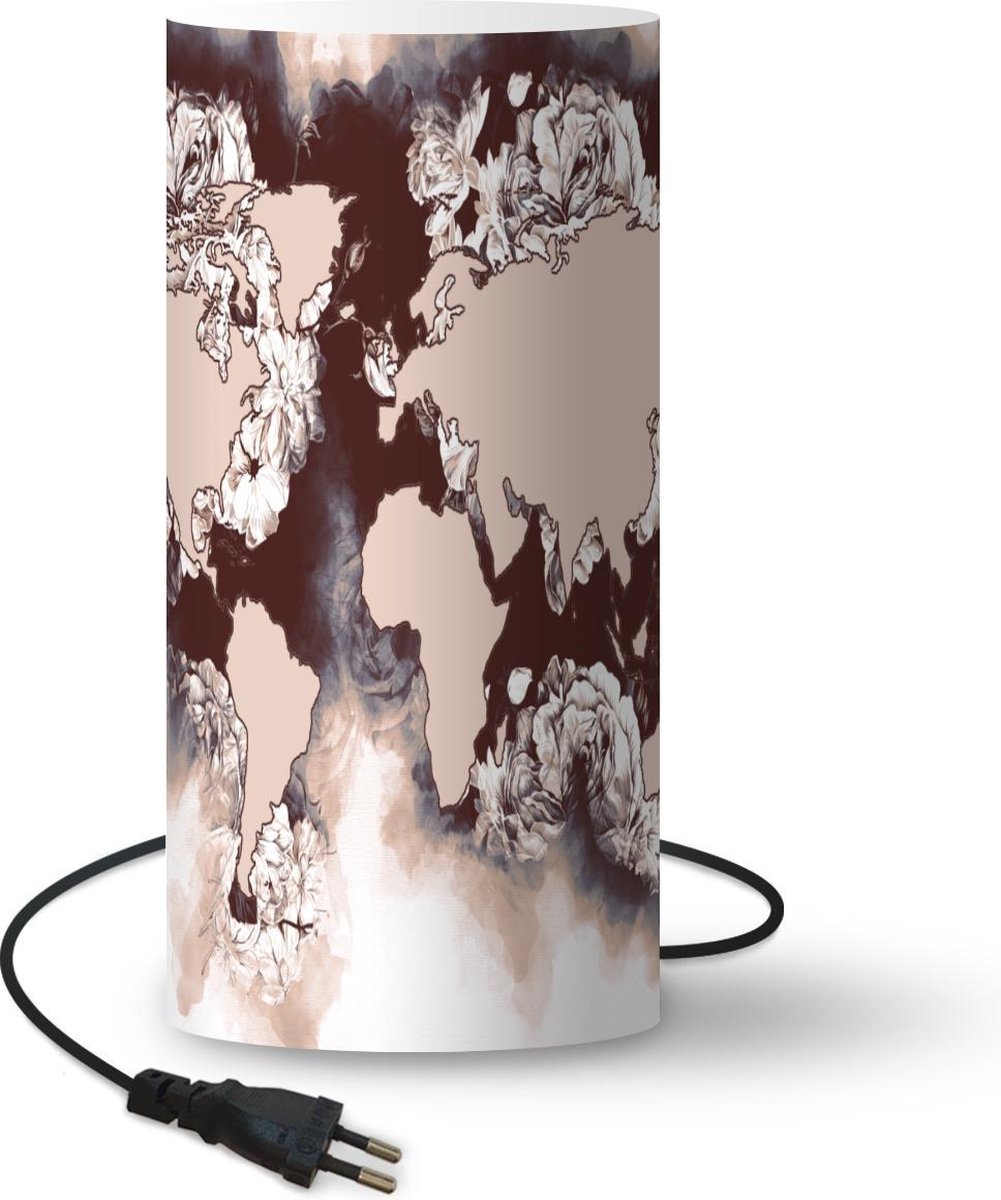 Lamp - Nachtlampje - Tafellamp slaapkamer - Wereldkaart - Bruin - Rozen - 54 cm hoog - Ø24.8 cm - Inclusief LED lamp