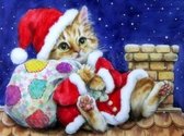 Diamond Painting Kerstpoes bij schoorsteen 25x30cm. (Volledige bedekking - Vierkante steentjes) diamondpainting inclusief tools