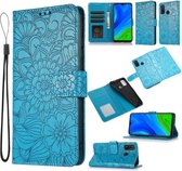 Voor Huawei P smart 2020 Huid Voelen Reliëf Zonnebloem Horizontale Flip Lederen Case met Houder & Kaartsleuven & Portemonnee & Lanyard (Blauw)
