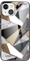 Abstracte marmeren patroon glazen beschermhoes voor iPhone 13 (Rhombus Golden)