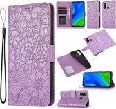 Voor Huawei P smart 2020 Huid Voelen Reliëf Zonnebloem Horizontale Flip Lederen Case met Houder & Kaartsleuven & Portemonnee & Lanyard (Paars)