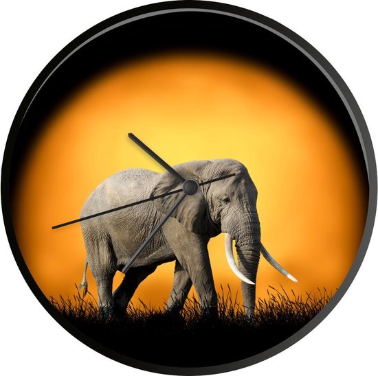 Klok - Ø 30 cm - Éléphant - Soleil - Dents - Zwart - Horloge murale |  bol.com