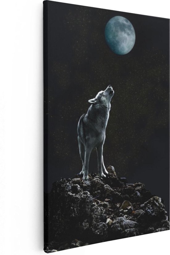 Artaza Canvas Schilderij Wolf Huilt Naar De Volle Maan - 20x30 - Klein - Foto Op Canvas - Canvas Print