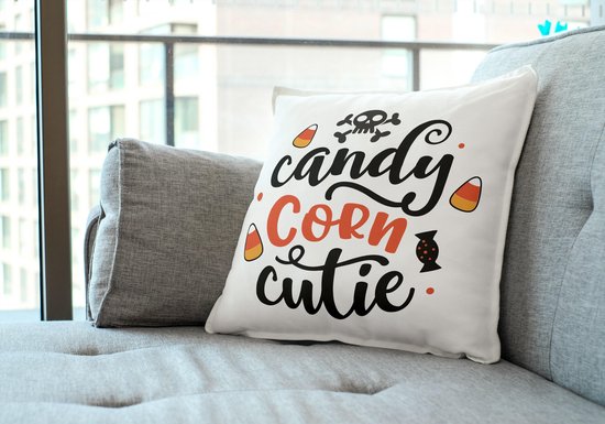 Oreiller d'Halloween avec texte : Candy Corn cutie | Décoration Halloween | Cadeaux drôles | Cadeau | Coussin