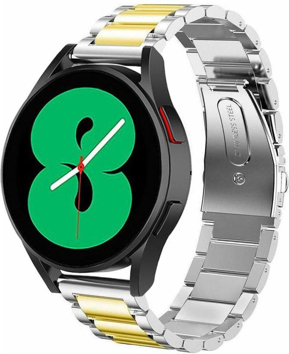 Strap-it Stalen schakel bandje - geschikt voor Samsung Galaxy Watch 7 (40 & 44mm) / Galaxy Watch 6 (Classic) / Galaxy Watch 5 / Watch 5 Pro / Watch 4 (Classic) / Watch FE - Metalen RVS bandje voor Galaxy Watch 4-5-6 alle varianten - zilver/goud