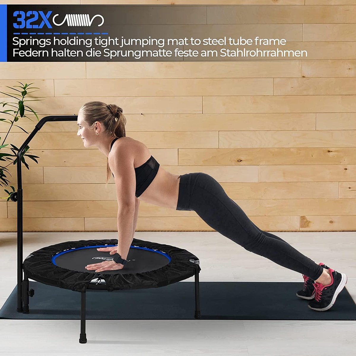Physionics Mini fitness trampoline opvouwbaar in hoogte verstelbare handgreep 101 cm tot 120 kg indoor/outdoor trampoline kleur naar keuze gym trampoline aerobics volwassenen en