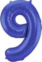 folieballon Metallic Mat '9' 86 cm blauw