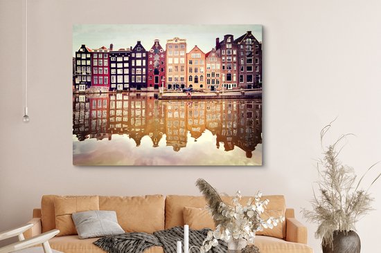 Réflexion des façades typiques dans l'eau en toile 180x120 cm - Tirage photo sur toile peinture Décoration murale salon / chambre à coucher) / Villes toile Peintures XXL / Groot format!