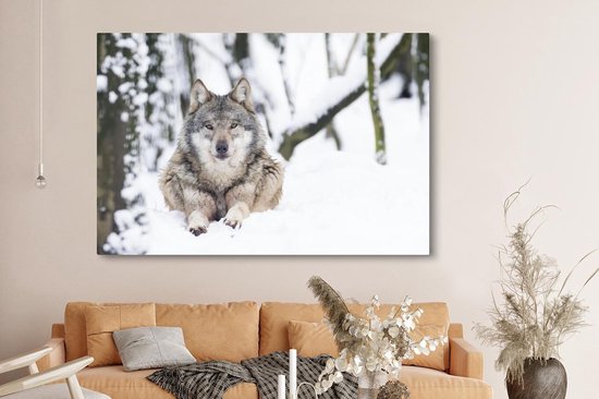 Toile Peinture Loup - Neige - Arbre - 180x120 cm - Décoration murale XXL