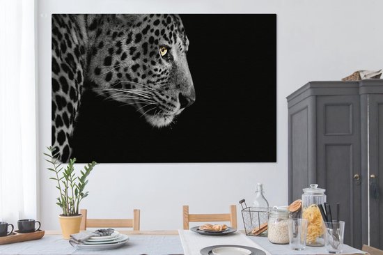 Toile Peinture Léopard - Zwart - Wit - Fourrure - 150x100 cm - Décoration murale