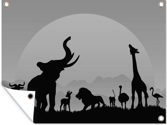 Tekening van Afrikaanse dieren met een ondergaande zon - zwart wit