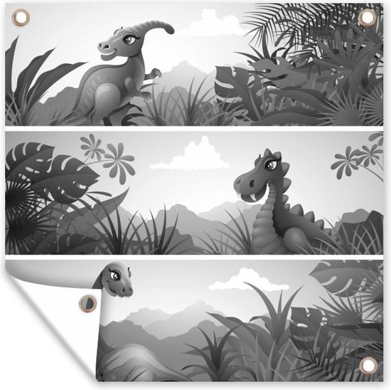 Tuinposters Drie illustraties van leuke dinosaurussen - zwart wit - 50x50 cm - Tuindoek - Buitenposter