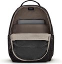 Open zwarte Kipling rugzak met patroon, laptopvak en Kipling logo.