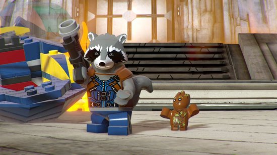 Rocket Raccoon Lego met een laserwapen en de kleine Lego Groot.
