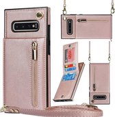 Voor Samsung Galaxy S10 Cross-body Rits Vierkante TPU + PU Achterkant Case met Houder & Kaartsleuven & Portemonnee & Riem (Rose Goud)