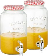 Set van 2x stuks glazen drankdispensers/limonadetap met rood/wit geblokte dop 3,5 liter - Tapkraantje