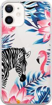 Apple iPhone 12 Hoesje - Transparant Siliconenhoesje - Flexibel - Met Dierenprint - Zebra & Flamingo