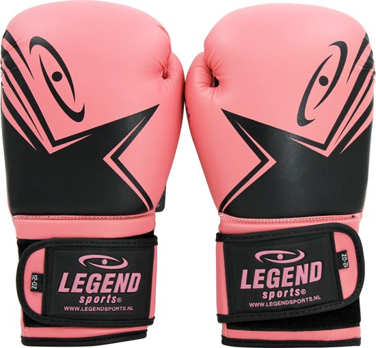 Roze bokshandschoenen met zwarte ster en Legend Sports logo.