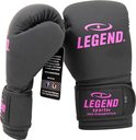 Zwarte bokshandschoenen met roze 'LEGEND SPORTS' logo en 12 OZ op de polsband.