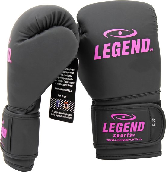 Zwarte bokshandschoenen met roze 'LEGEND SPORTS' logo en 12 OZ op de polsband.