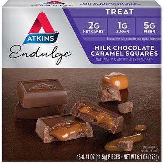 Atkins Endulge Melkchocolade Karamel Vierkanten, 15 stuks. Chocolade met karamelvulling.