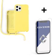 Coverzs Silicone case met koord - Telefoonhoesje met koord - Backcover hoesje met koord - touwtje - geschikt voor Apple iPhone 12 Pro Max - Geel + glazen Screen Protector