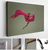 Graceful ballet dancer or classic ballerina dancing isolated on grey studio background. Woman with the pink silk cloth - Modern Art Canvas - Horizontal - 1412088299 - 40*30 Horizon