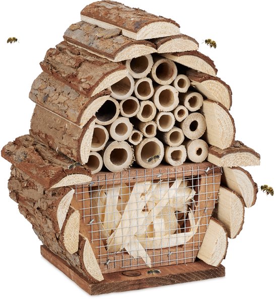 bijenhotel klein - met vulling - 20,5x17,5x11 cm - insectenhuis hout