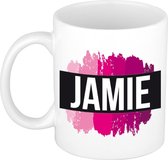 Jamie  naam cadeau mok / beker met roze verfstrepen - Cadeau collega/ moederdag/ verjaardag of als persoonlijke mok werknemers