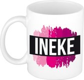 Ineke  naam cadeau mok / beker met roze verfstrepen - Cadeau collega/ moederdag/ verjaardag of als persoonlijke mok werknemers