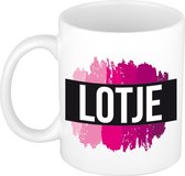 Lotje  naam cadeau mok / beker met roze verfstrepen - Cadeau collega/ moederdag/ verjaardag of als persoonlijke mok werknemers