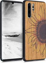 kwmobile telefoonhoesje compatibel met Huawei P30 Pro - Hoesje met bumper in geel / donkerbruin / lichtbruin - kersenhout - Wood Sunflower design