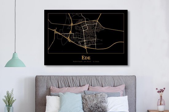 Toile Peinture Carte - Ede - Zwart - Or - 180x120 cm - Décoration murale XXL