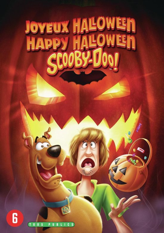 DVD-hoes met Scooby-Doo en Shaggy, met een pompoen en snoep. Tekst: "Joyeux Halloween Happy Halloween Scooby-Doo!"