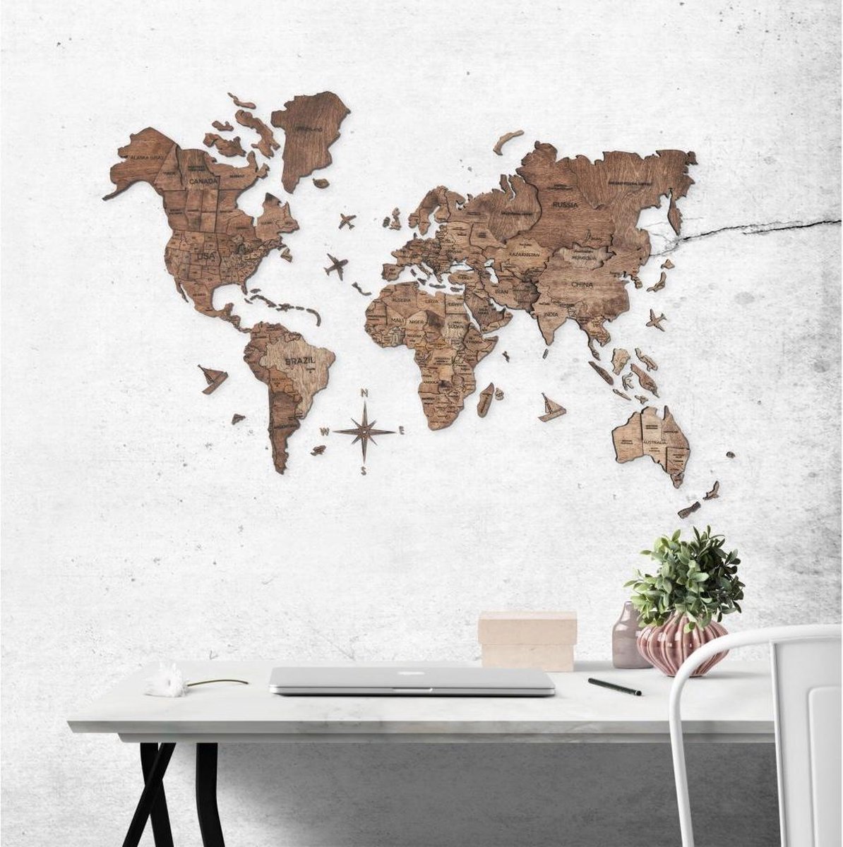 Carte du monde en bois - décoration murale 3D Naturel